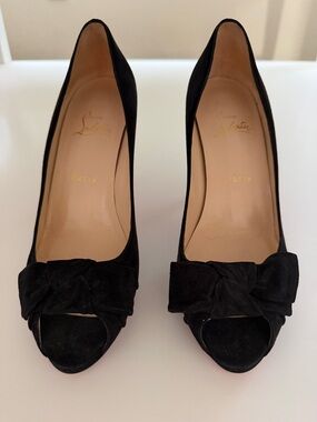 Christian Louboutin Black Suede Peep-Toe Pumps with Bow- Sz 40 (US 9)